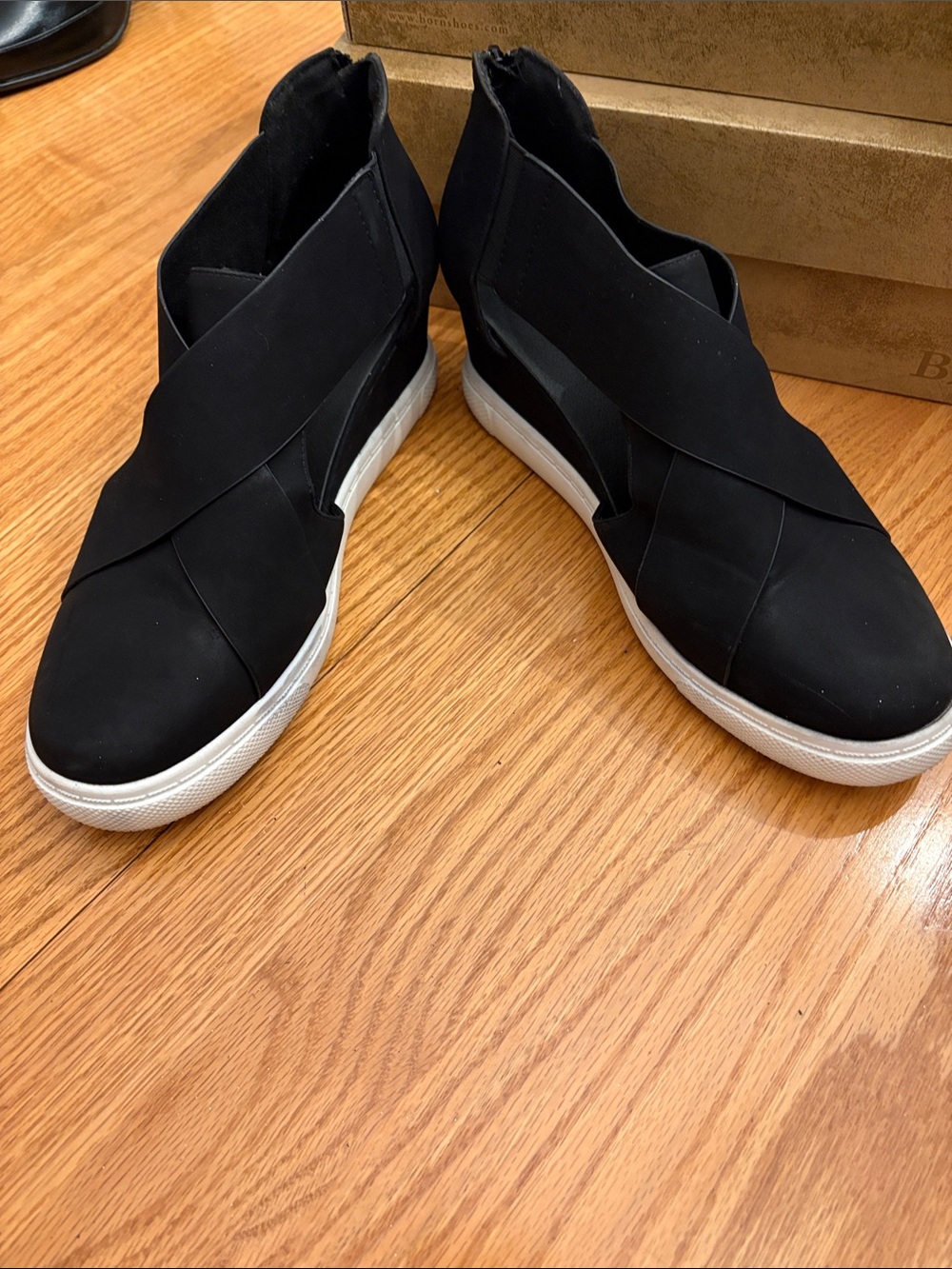 Natural Reflections Black Slip-On Crisscross Wedge Sneakers with White Sole